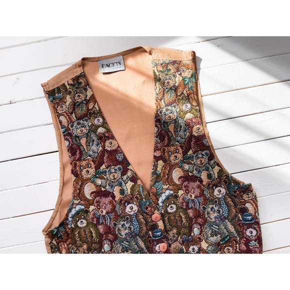 teddy bear tapestry vest 80s 90s vintage Facets embroidered waistcoat - Picture 1 of 5